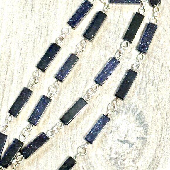 Dark Blue Goldstone Short Necklace w/ Silver Leaf Branch Pendant - Picture 8 of 14